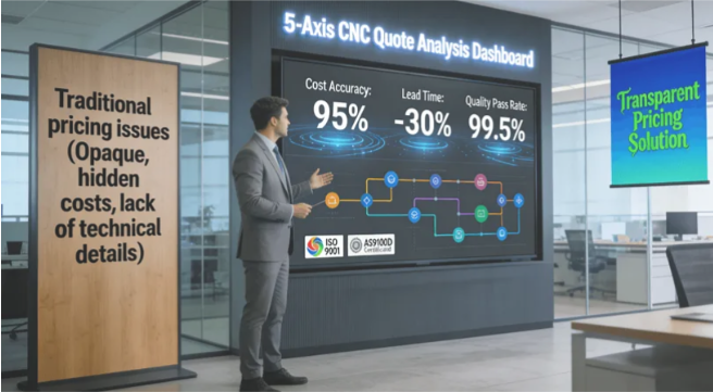 5-Axis CNC Machining Services: How to Decode Technical Quotes and Avoid Costly Oversights 5-axis CNC machining quote analysis dashboard showing cost breakdown, technical parameters, and quality metrics for complex part manufacturing
